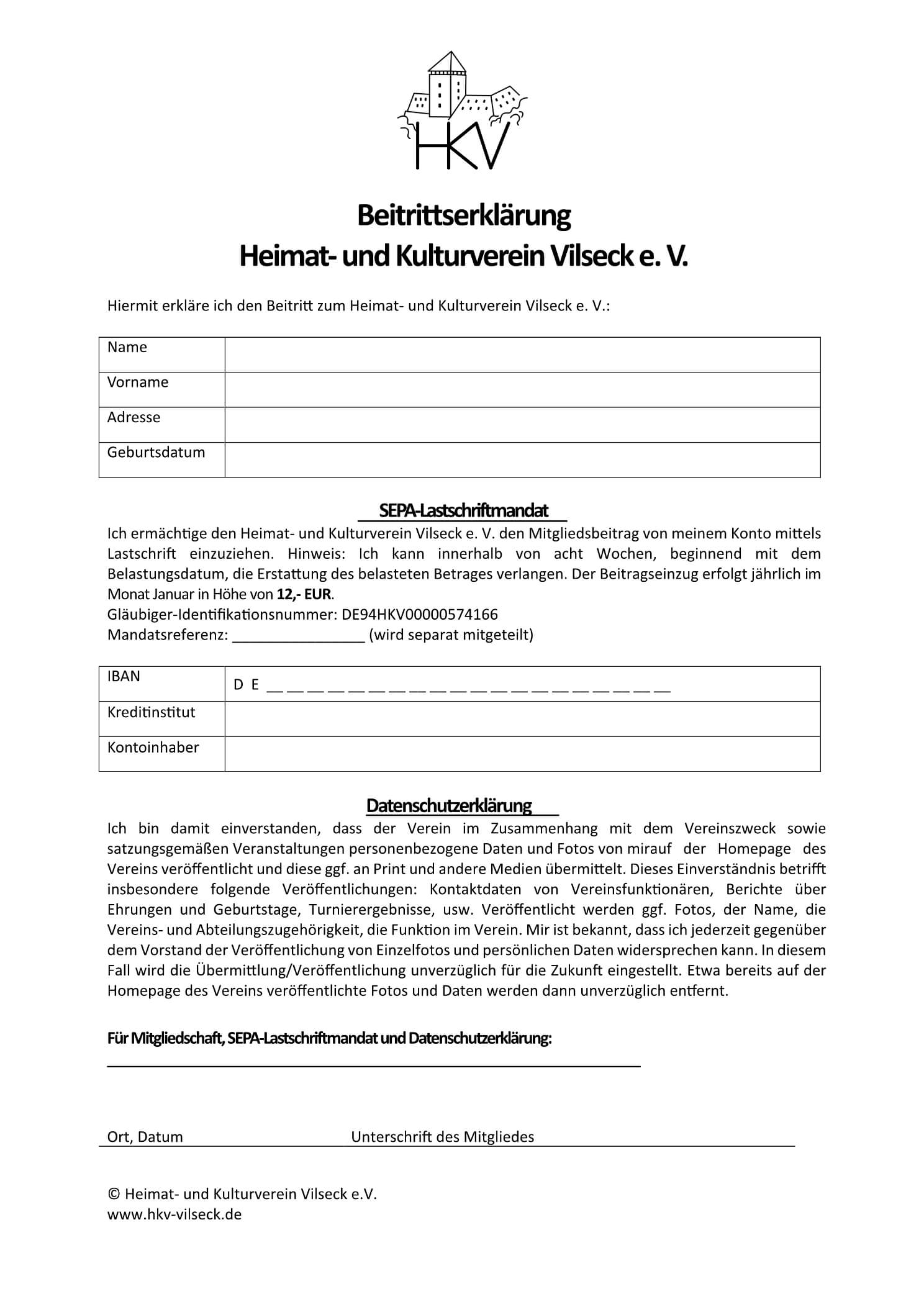 Beitrittserklärung HKV Vilseck